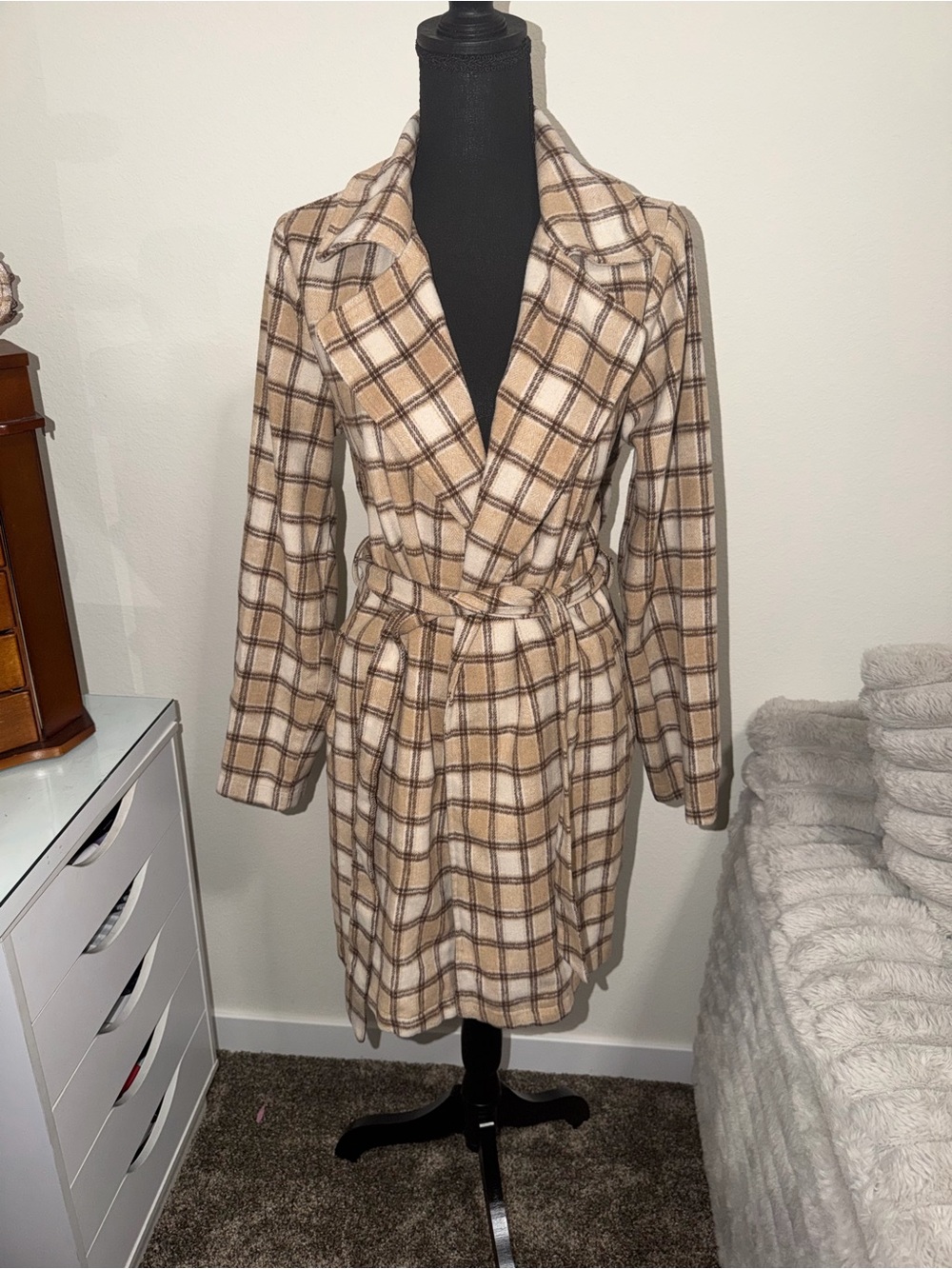 Papermoon Beige Plaid Tie-Waist Trench Coat